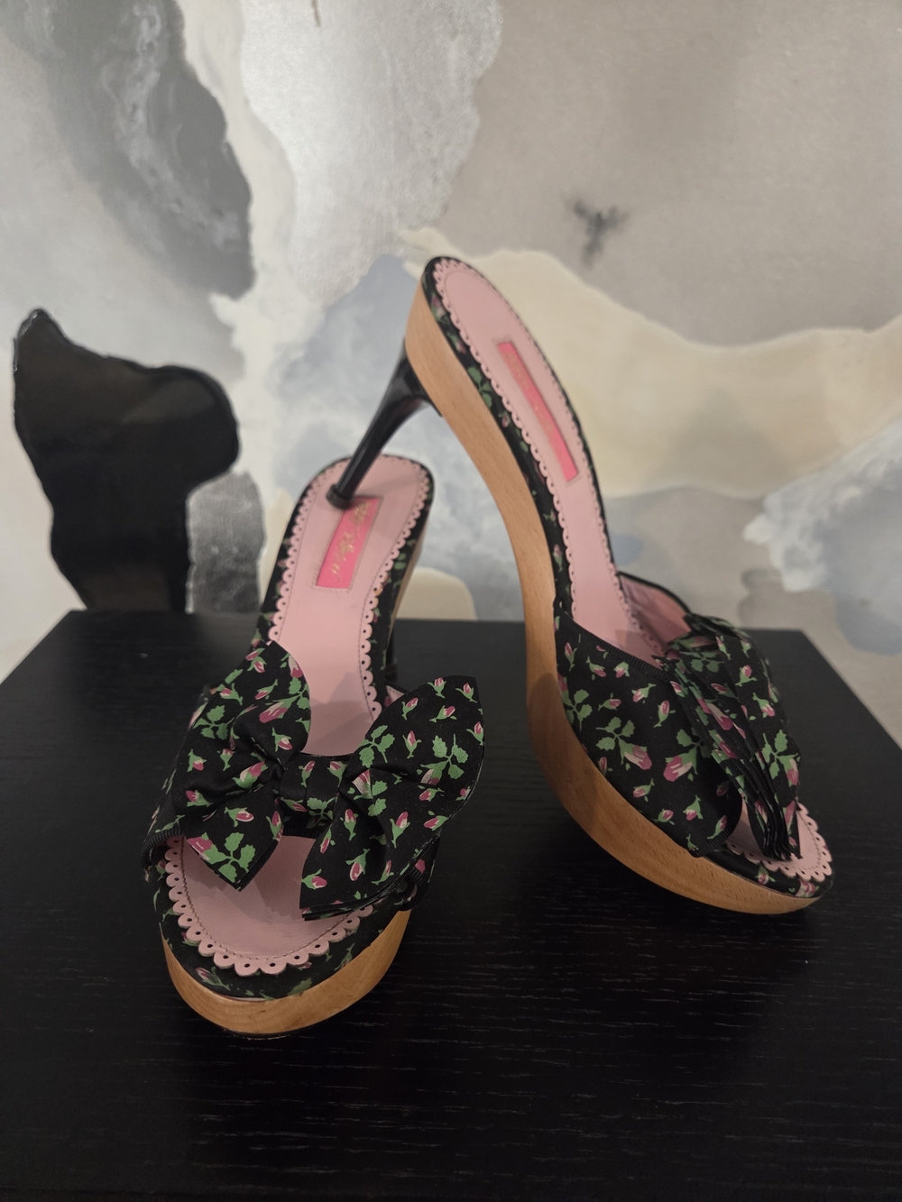Floral Bow Platform Mules - Black & Pink - Picture 1 of 3